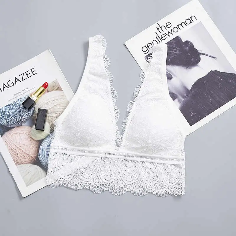 Бюстгальтер женский Bralette глубокий v-образный вырез дышащий сексуальный кружевной мягкий сплошной цвет нижнее белье без косточек жаккардовый бюстгальтер brasier mujer