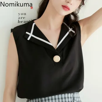 

Nomikuma V Neck Sleeveless Chiffon Blouse Women White Black Contrast Color OL Shirts Summer New Fashionable Tops Ladies 3a122