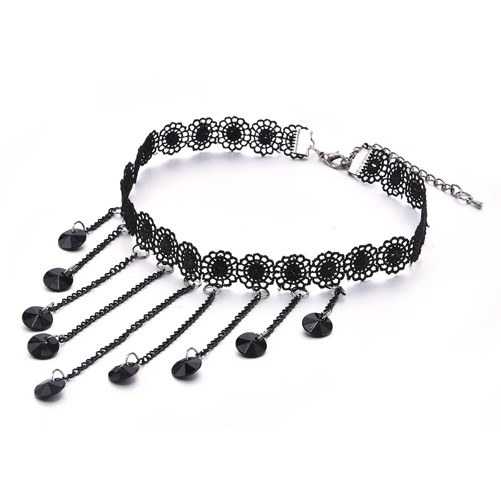 Women Crystal Tassel Multilayer Black Choker Necklace Lace Flower Pendant Jewelry | Украшения и аксессуары