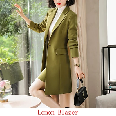 Lemon Blazer Новинка, Осень-зима, Женский Длинный блейзер, элегантный, длинный рукав, официальные куртки, зеленый, красный, желтый, абрикосовый, синий, пальто - Цвет: Lemon Blazer