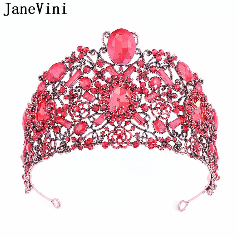 

JaneVini Vintage Red Purple Diamond Wedding Crowns Bridal Hair Jewelry Baroque Crystal Beaded Bride Pageant Headwear Hairbands