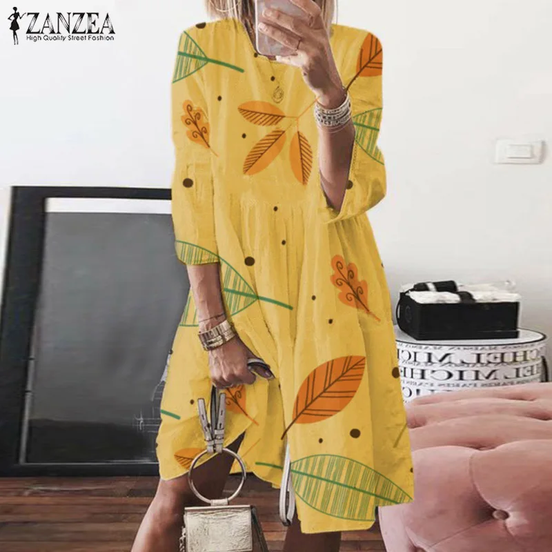ZANZEA/Женская богемная рубашка, короткое платье, Vestidos, летний сарафан, Платья с цветочным принтом, женская одежда для вечеринки, длинная рубашка, Vestido
