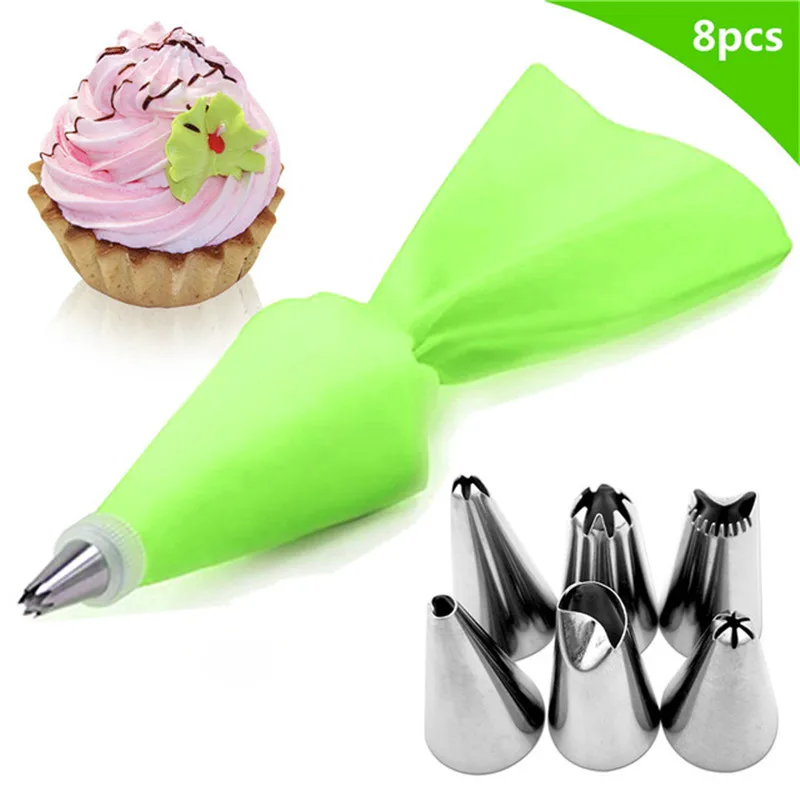 

8PCS/Set 6 Stainless Steel Cake Nozzle DIY Cake Decorating Tips Fondant Pastry Tools + Silicone Icing Piping Cream Pastry Bag