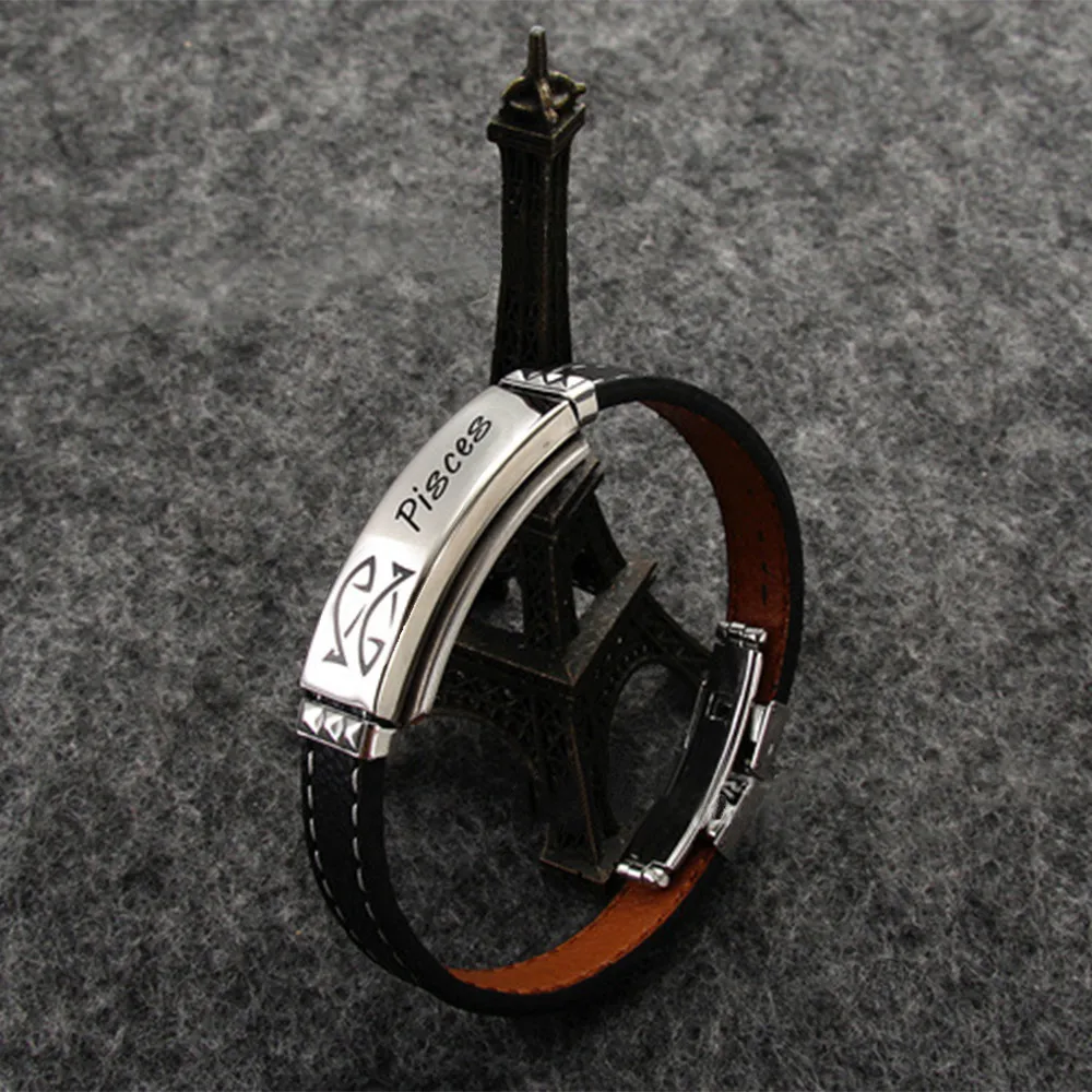12 браслет Созвездие модные ювелирные изделия Черный Кожаный Браслет Бабочка Пряжка спортивный браслет Высокое качество нержавеющая сталь