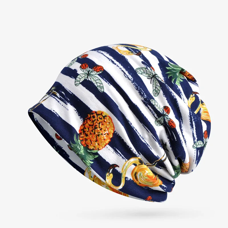 

British four seasons Baotou cap ladies cotton fringeless stripe printing fashion bald cap dual-use hat Muslim pullover cap