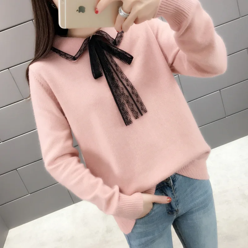 Kawaii розовый вязаный свитер женские мягкие Пуловеры уличная одежда корейский белый свитер с бантом женская одежда sueter mujer invierno