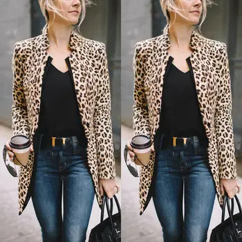 

US 2019 Autumn Women Wild Leopard Casual Jacket Sweater Top Casual Cardigan Long Sleeve Coat