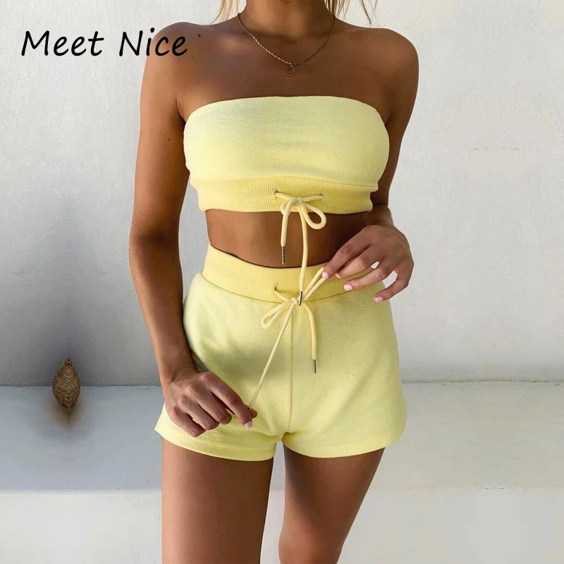 2 Two Pieces Set Elastic Clothes Women Drawstring Strapless Crop Top And Shorts Summer Fitness Jogging Tracksuit Outfits |
