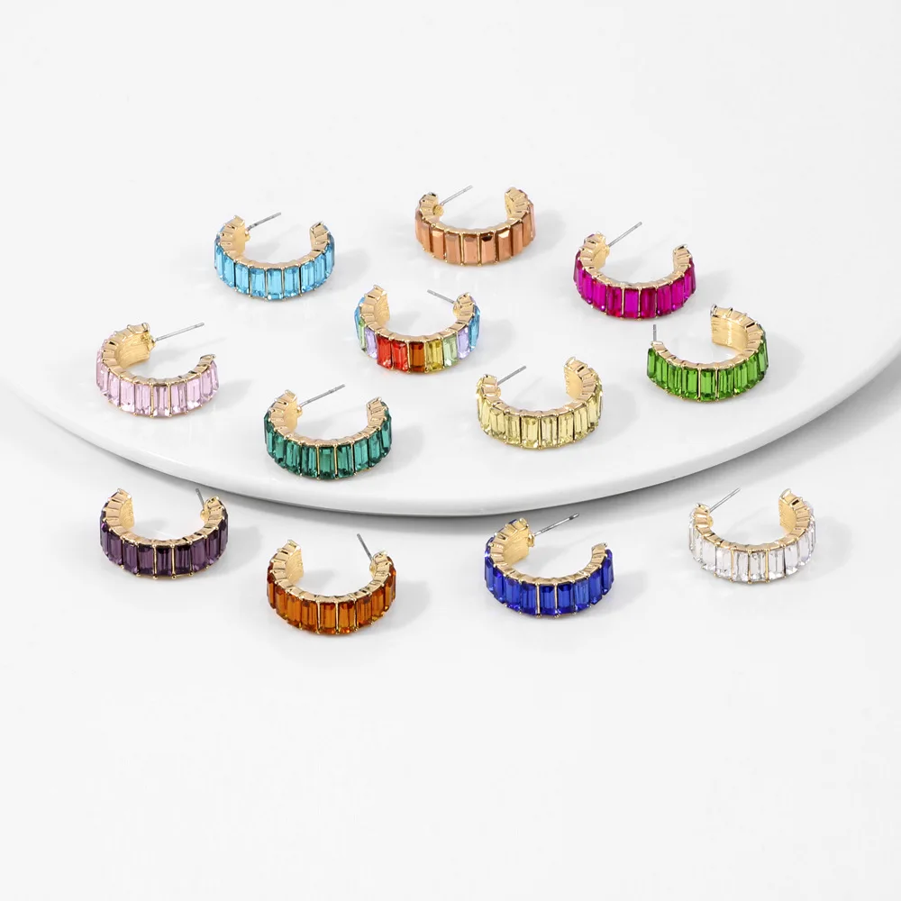 Gorgeous Rainbow hoop earrings for Women Colorful Rectangle Cubic Zirconia Earrings