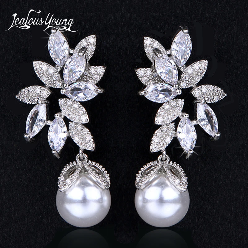 

Fashion Elegant Female Jewelry White Gold CZ Drop Earings With Imitation Pearls Flower Earrings For Women Gift