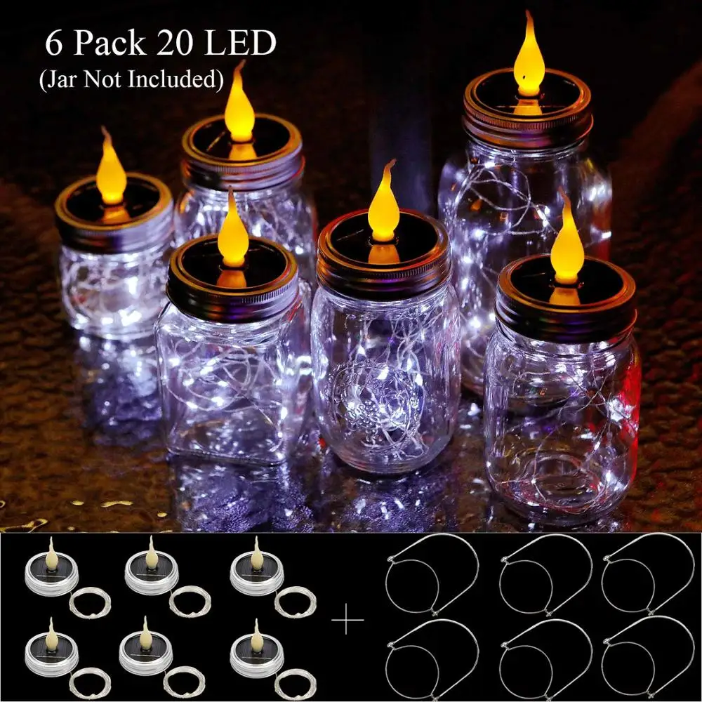 6Pack RGB Solar Mason Jar Lid Lights Set 20 LED Fairy String Lights Garden Decor 