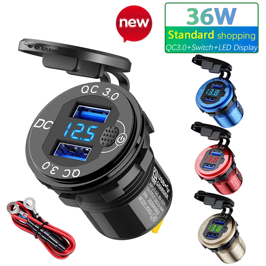 Interruptor de Metal impermeable para coche, enchufe USB de 36W, 12V, QC3.0, Universal, para mechero de camión, teléfono, tableta y cámara