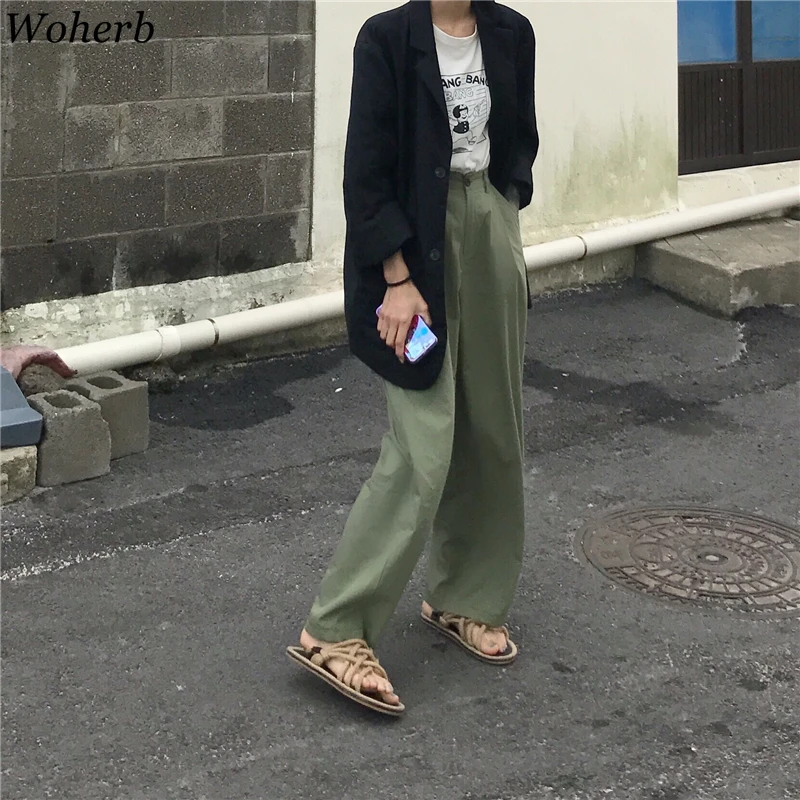 

Woherb Women High Waist Wide Leg Pants Casual Loose Long Trousers 2020 Korean Chic Solid Elegant Work Lady Pantalon Femme