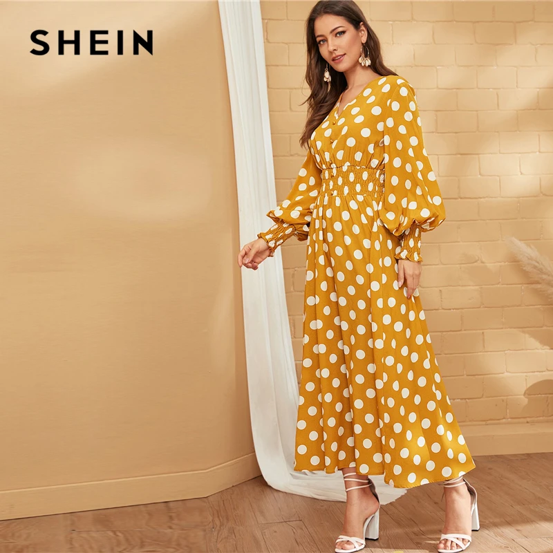 SHEIN, желтое, с v-образным вырезом, в горошек, на пуговицах, спереди, на талии, Бохо длинное платье, женское праздничное, осеннее, с рукавом-Бишопом, ТРАПЕЦИЕВИДНОЕ, макси платье