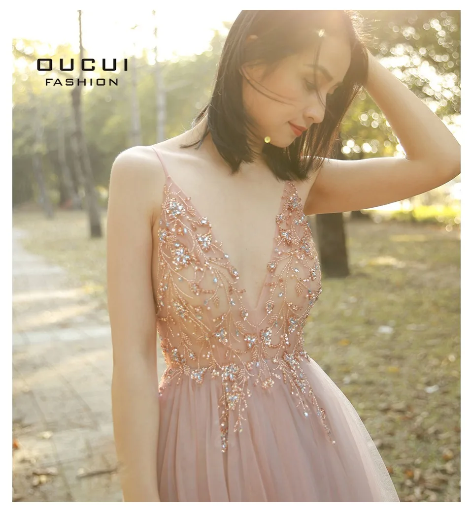 Oucui Dusky Pink Handmade Beaded Prom Dresses 2020 Long Spaghetti Strap See Through Grey Tulle Evening Gown Vestido De Festa