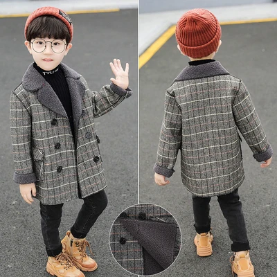 Boys Velvet Woolen Jacket Outerwear Autumn Winter New Children's Woollen Overcoat Little Kids Thick Medium-Long Trench Coat B327