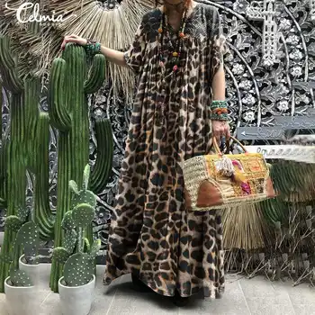 

Celmia Bohemian Sundress Women Sexy V-neck Leopard Print Long Maxi Dress Female Lace Casual Short Sleeve Summer Beach Vestidos