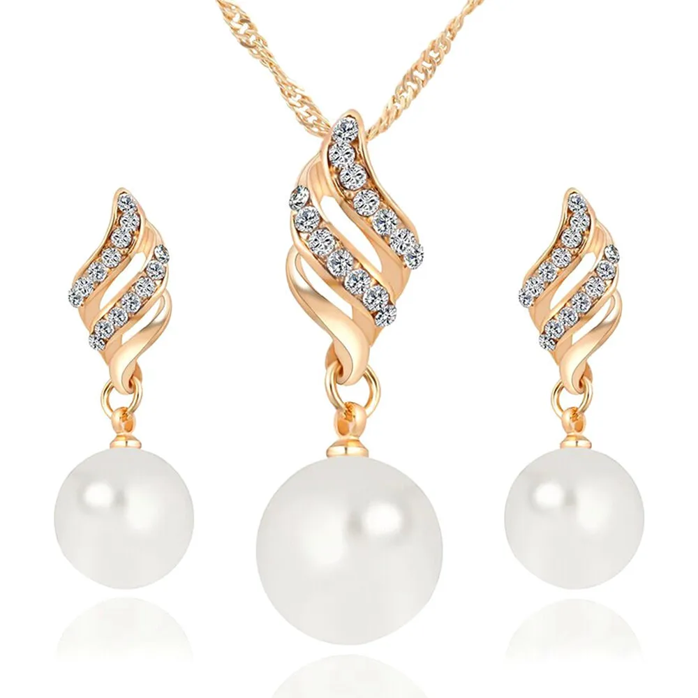 

Fashion pearl &full zircon diamonds drop earrings pendant necklaces jewelry sets for women gold tone party bijoux accessory gift