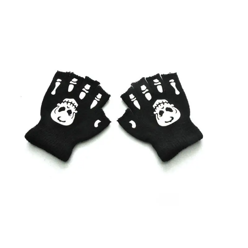 WARMOM/крутые флуоресцентные перчатки с изображением скелета для мальчиков митенки детские перчатки с черепом модные крутые зимние черные вязаные светящиеся перчатки - Цвет: T2