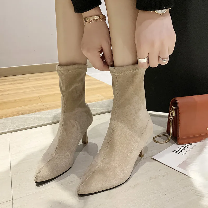 

INS Online Celebrity Thin Boots Stretch Boots Women's Pointed Toe Chunky Heel Ultra-High-Heel Flat with Short Boots Socks Boots