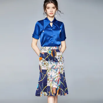 

Women Summer Elegant Brand Designer Print Two Piece Set Blue Blouse Top And Slim Bodycon Mermaid Skirt Office Work 2pcs Suit