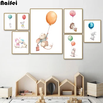 

Rabbit Mouse Balloon Nordic Posters diy round diamond Painting cross stitch Watercolor Cartoon Wall Pictures For Kids Room Decor