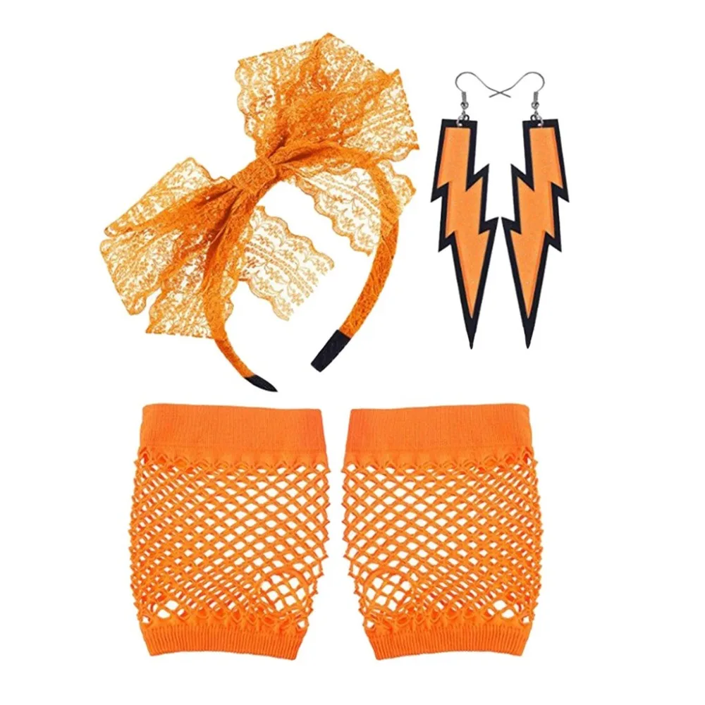 Women Fashion Lace Headband Neon Earrings Fingerless Fishnet Gloves For 80's Party guantes eldiven handschoenen  (7)