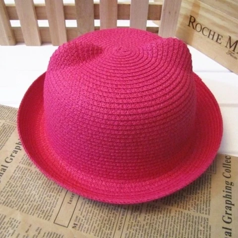 Rose Red 1 шт., дышащие соломенные шляпы, Детская Летняя шляпка, однотонные шапки для мальчиков и девочек, детские модные популярные милые кошачьи ушки унисекс, солнечные Топы - Цвет: Rose Red