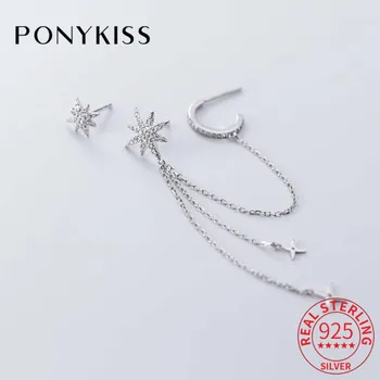 

PONYKISS Trendy S925 Sterling Silver Stars Tassel Long Chain Asymmetry Zircon Drop Earrings Women Anniversary Accessory