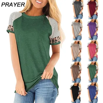 

Women'S T-Shirt O Neck Stripe Leopard Pattern Splicing Short Sleeve T-Shirt For Women Stitching Short Sleeves Streetwear Tops