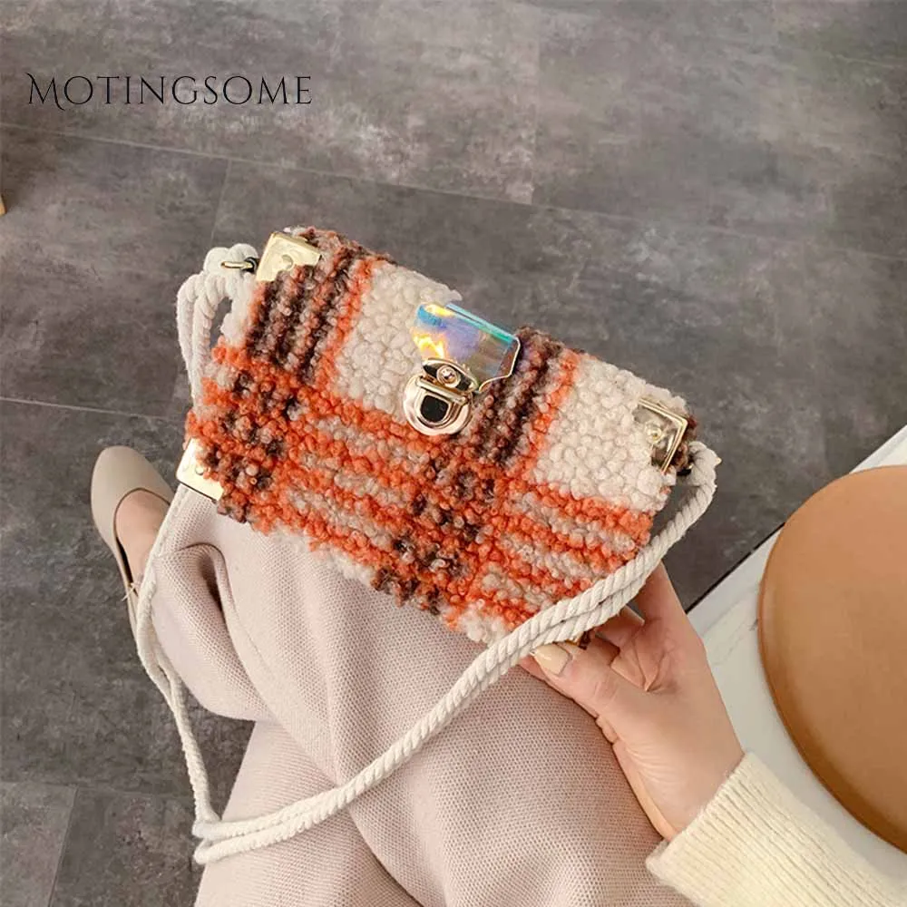 

Luxury Flannel Women Flap Bag Plaid Patterns Soft Lambs Wool Shoulder Hasp Crossbody Messenger Purse Brand Design Fashion Bags