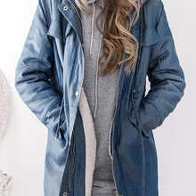 Джинсовая куртка женская зимняя теплая Толстая с капюшоном Повседневная с длинным рукавом Однотонная куртка длинные толстовки джинсовое пальто женская верхняя одежда пальто#45