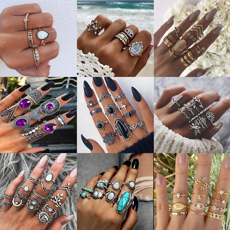 

29 Style Women Ring Set Punk Gold Silver Geometric Lotus Cross Boho Finger Kuckle Rings Femme Indian Jewelry Vintage Accessories