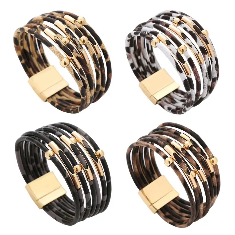 Fashion Bracelet Leopard Pattern Cord Gold Magnetic Buckle Multi-Layer Elegant Wide Wrap Women Jewelry | Украшения и аксессуары