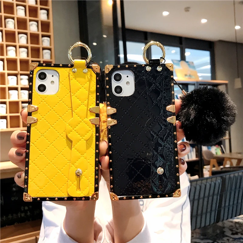 Роскошные чехлы для телефонов из искусственной кожи для iPhone 11 Pro Max 6 7 8 Plus X Xr Xs Max Модный Винтажный чехол с квадратной решеткой и меховым шариком