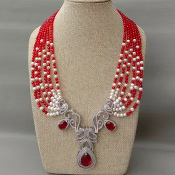 

6 Rows Cultured White Pearl red Gems Stone Necklace CZ Pendant 21"