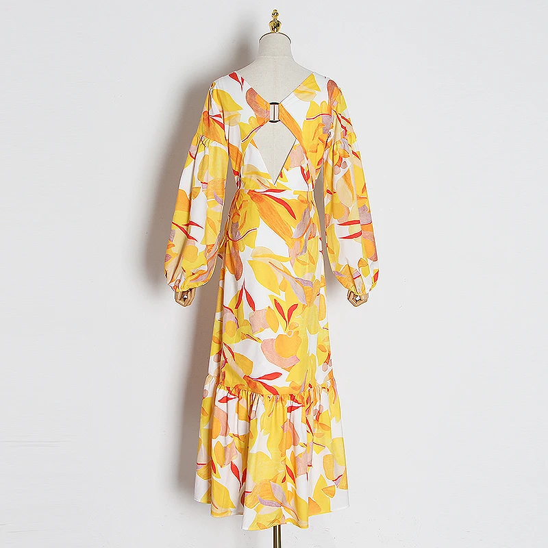 TWOTWINSTYLE Casual Print Dress Women V Neck Lantern Long Sleeve High Waist Ruffles Asymmetrical Dresse For Female Fashion Tide