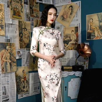 

4XL 3XL Long Dresses Evening Traditional Chinese Dress Cheongsam Autumn Qipao Silk Chinese Style Cheongsam Long Clothes
