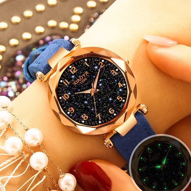 Изысканные роскошные женские часы модное платье женские часы Звездное небо циферблат кожаный ремешок кварцевые наручные часы женские часы женски - Цвет: blue