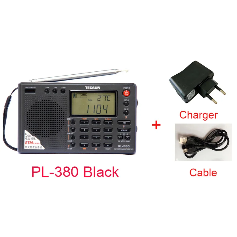 Tecsun PL-380 PL380 полнодиапазонная радио Цифровая Демодуляция стерео PLL портативное радио FM/LW/SW/MW приемник DSP интернет радио - Цвет: Black and charger