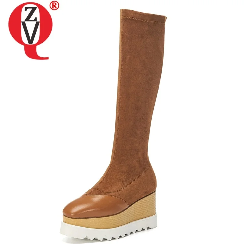 

ZVQ autumn new fashion genuine leather knee high boots outside super high heels platform square toe women shoes drop shipping