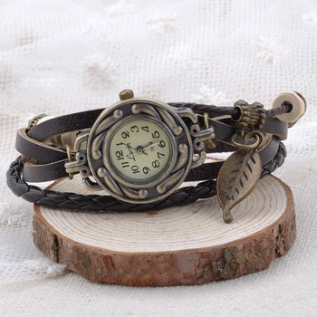 

New Vintage Quartz Women Dress Watches Wrap Tree leaf Pendant Leather Bracelet Wrist Watch