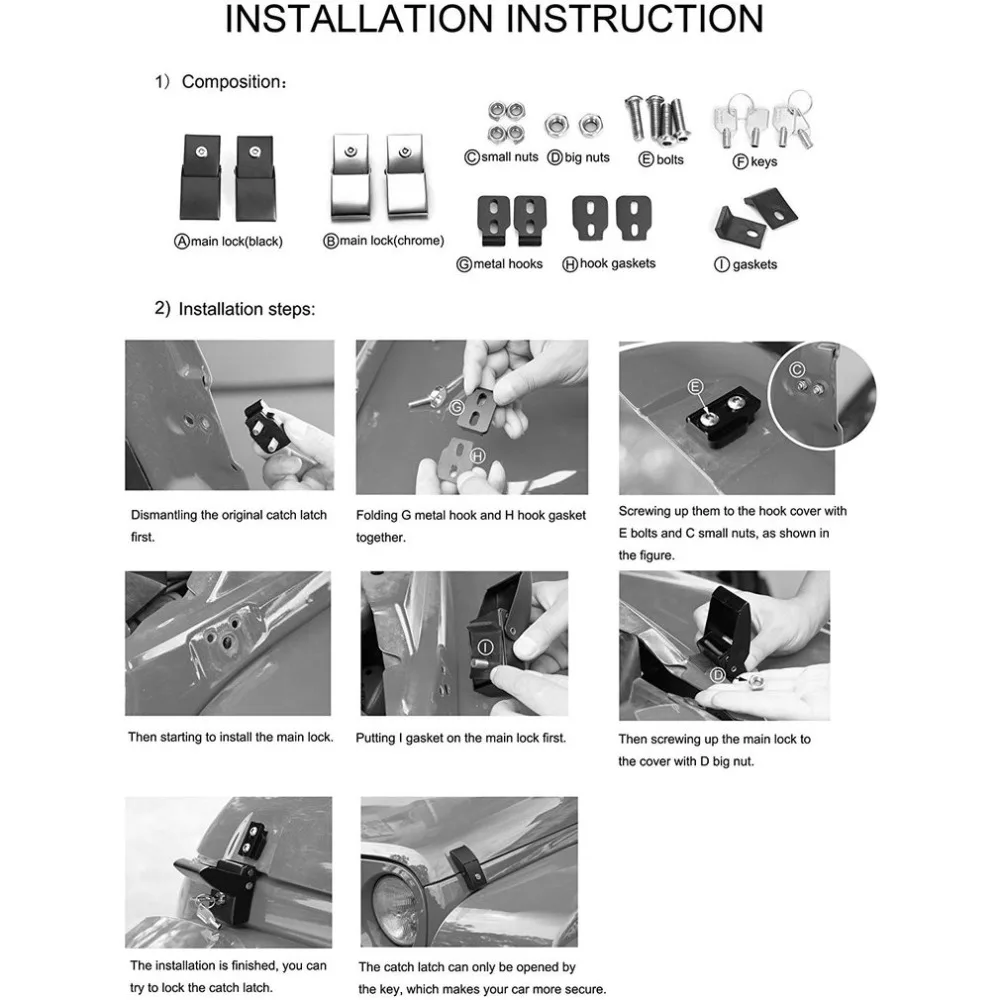 Для Jeep Wrangler Jk Jku 2007- крышка замок Пряжка с ключом безопасности автомобиля Hoodlock комплект аксессуары для модификации автомобиля