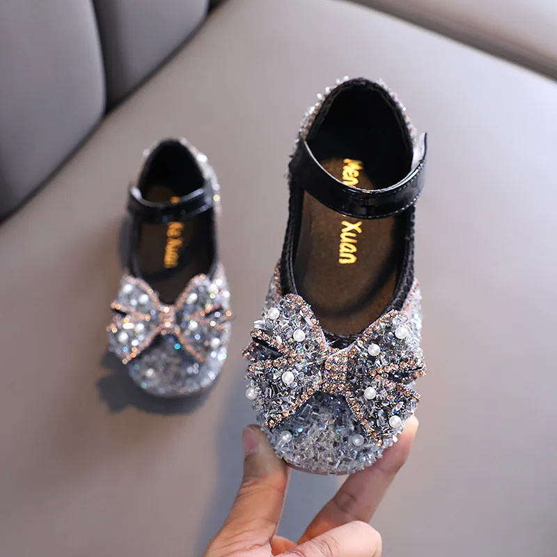 New Hot Sale Girls Bow Princess Shoes Sequin Rhinestone Children Dance Shoes Spring Autumn Flats Kids G47