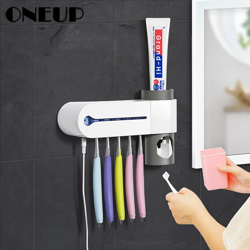 

ONEUP New3 In 1 USB Rechargeable Ultraviolet Toothbrush Holder Sterilizer Toothpaste Dispenser Squeezer Bathroom Accessories Set
