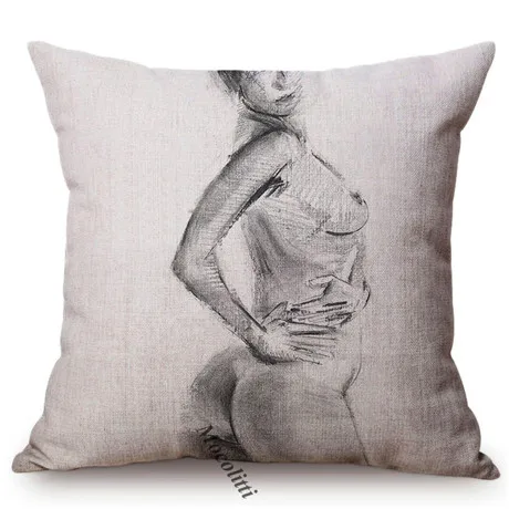 Black and White Sexy Woman Sketch Painting Art Decorative Throw Pillow Case Senior Restaurant Museum Gallery Sofa Cushion Cover M080-1