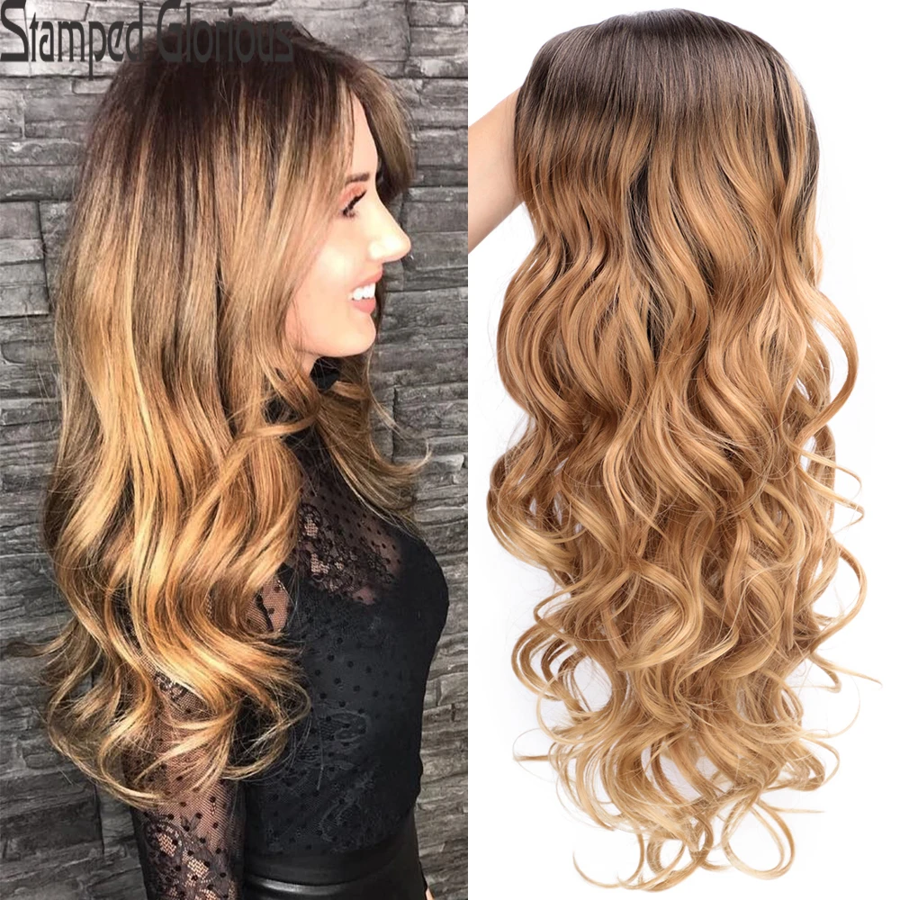 

Stamped Glorious 24inch Natural Long Curly Wig Ombre Blonde Heat Resistant Hair Middle Part Synthetic wigs for Women