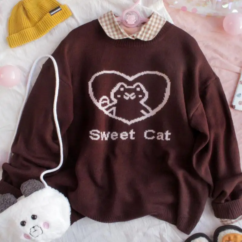 

Women Autumn Round Collar Kawaii Vintag Sweater Young Girls Student Loose Japanese Cute Cat Jacquard pullover Tops Preppy Style