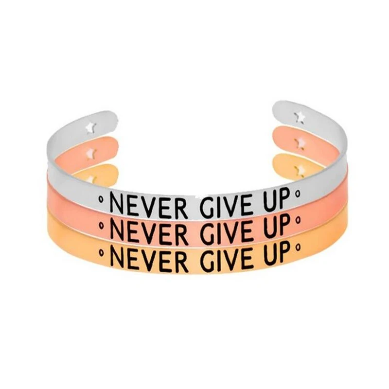 

Personalized Inspirational Quote Bangle Never Give Up Engraved Mantra Bracelet Graduation Jewelry Gift for Women Men