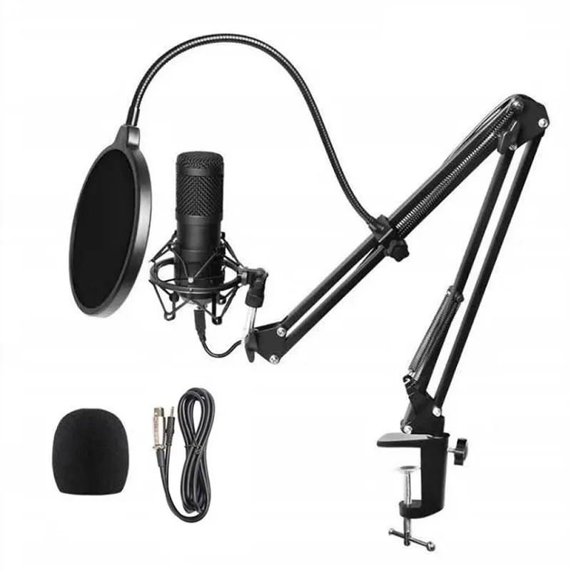 

Studio Condenser Microphone Kit with Shock Mount Flexible Scissor Arm Stand Filter Windscreen Connection Cable for Broadcast
